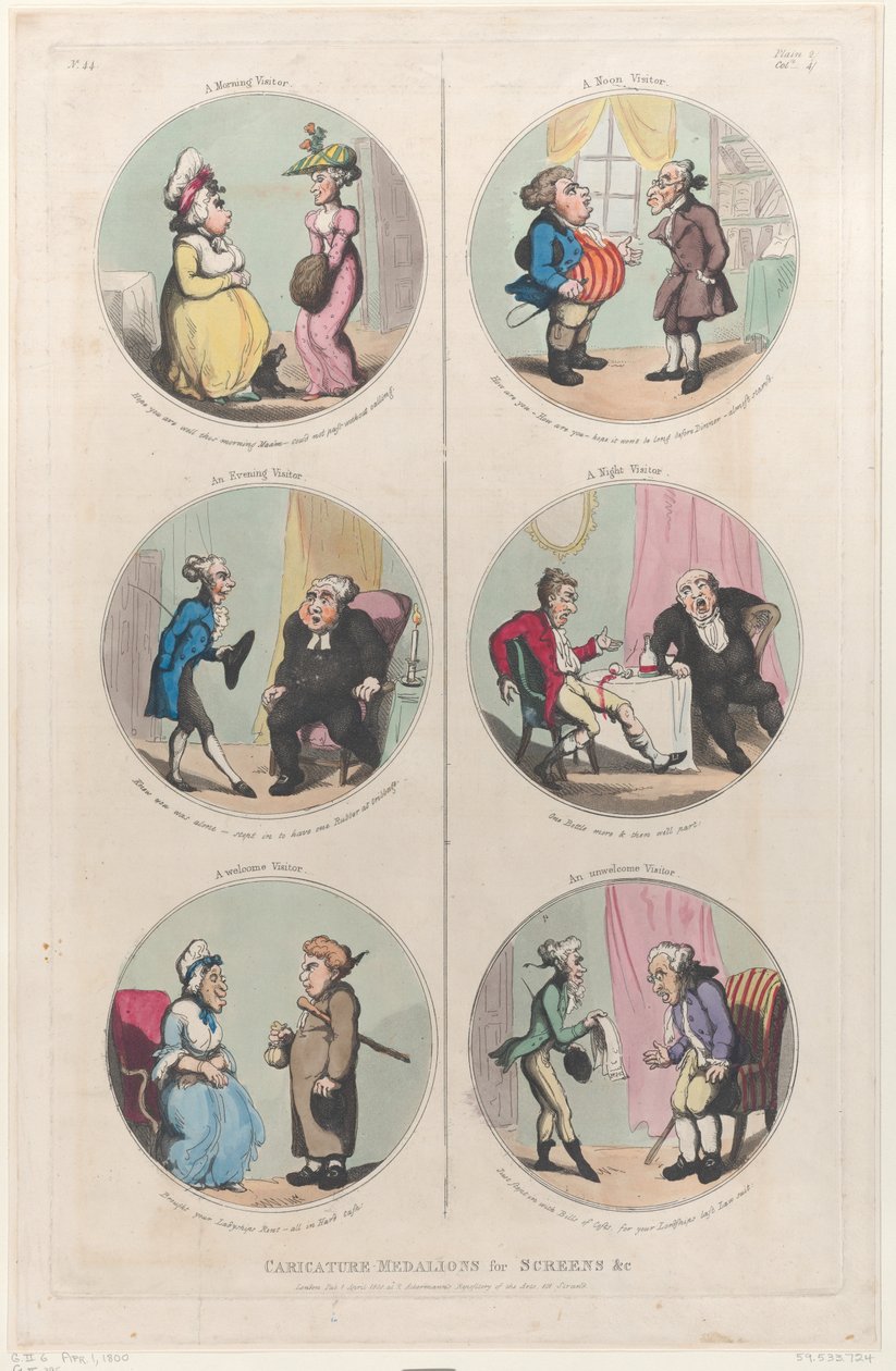 Karikatúra érmek képernyőkre stb.: Egy reggeli látogató, egy esti látogató, egy mi..., 1800. április 1. alkotó: Thomas Rowlandson