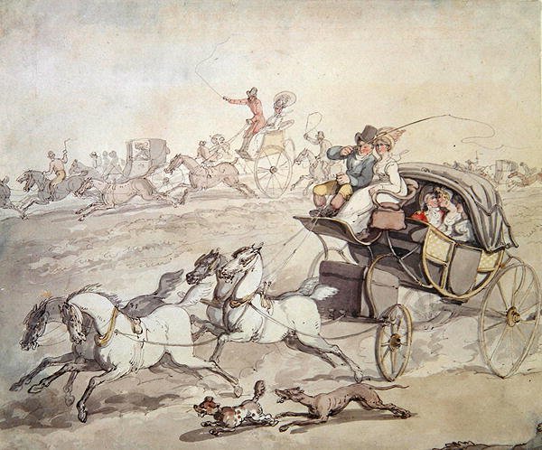 Kocsik és lovasok teljes sebességgel a nyílt füves területen, 1800 körül (toll és tinta mosással papíron) alkotó: Thomas Rowlandson