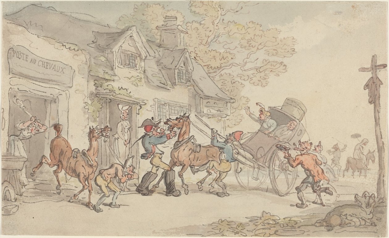 Lócsere egy postaházban Franciaországban alkotó: Thomas Rowlandson