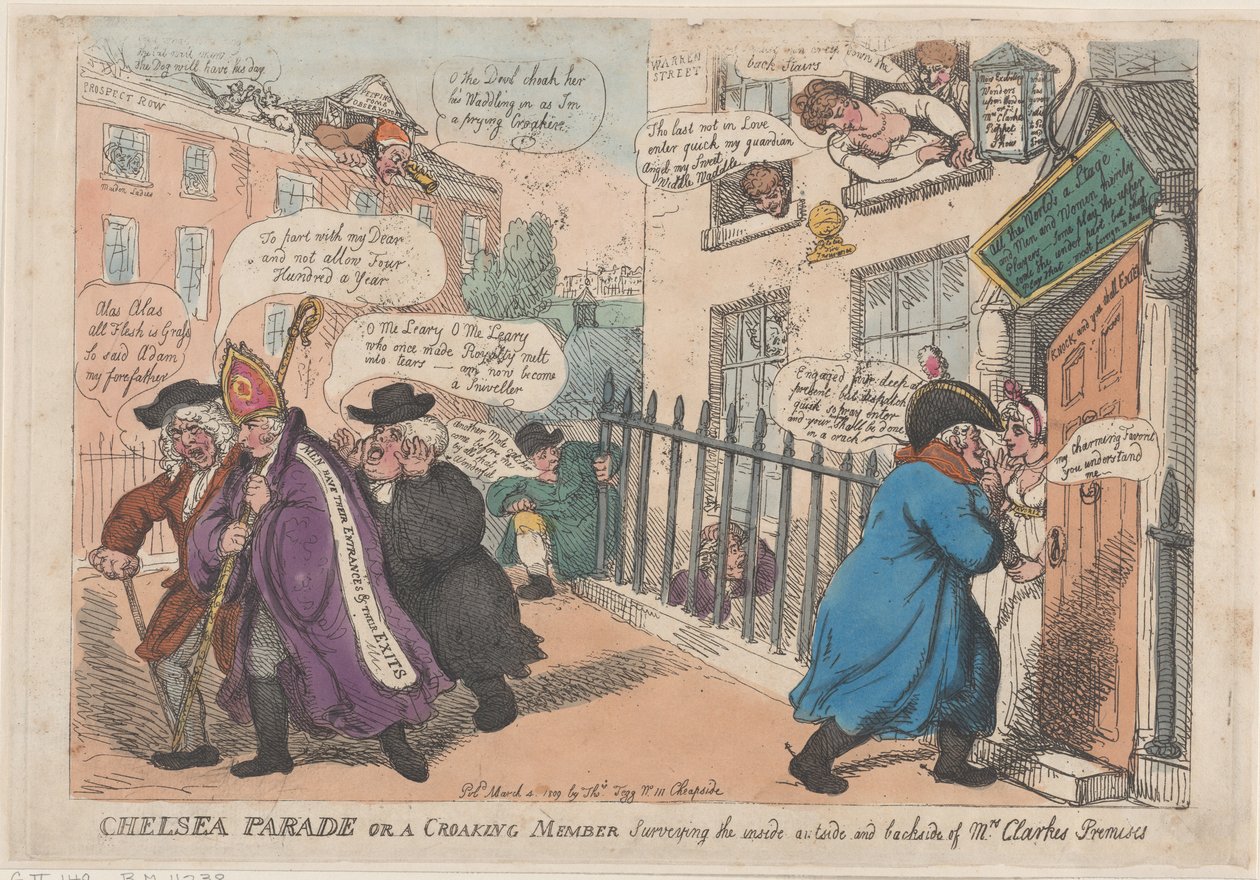 Chelsea Parade vagy egy károgó tag, aki megvizsgálja a ... belsejét, külsejét és hátoldalát, 1809. március 4. alkotó: Thomas Rowlandson