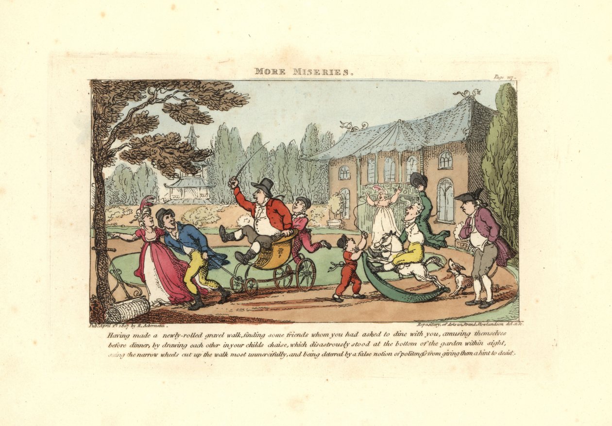 Gyermekek játszanak a kocsikon, akik egy újonnan hengerelt kavicsfelhajtót vágnak fel alkotó: Thomas Rowlandson