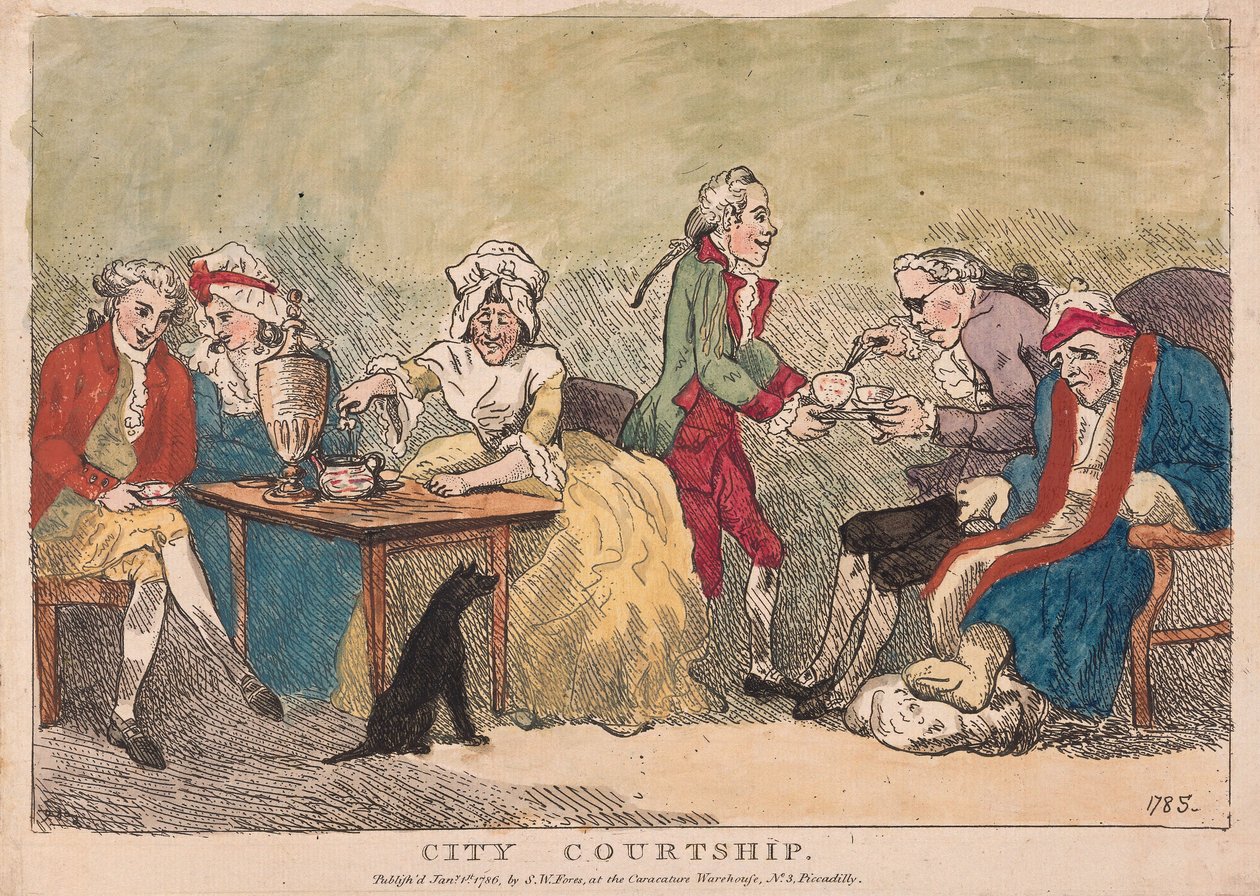 Városi udvarlás, kocsma. 1786 (kézzel színezett metszet) alkotó: Thomas Rowlandson