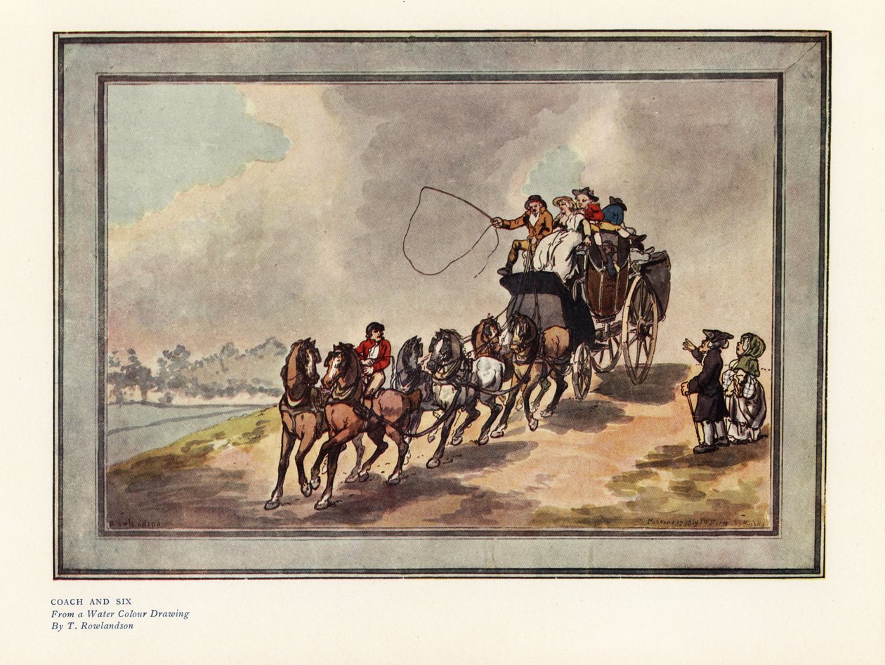 Edző és hat ló utasokkal és csomagokkal a tetőn alkotó: Thomas Rowlandson