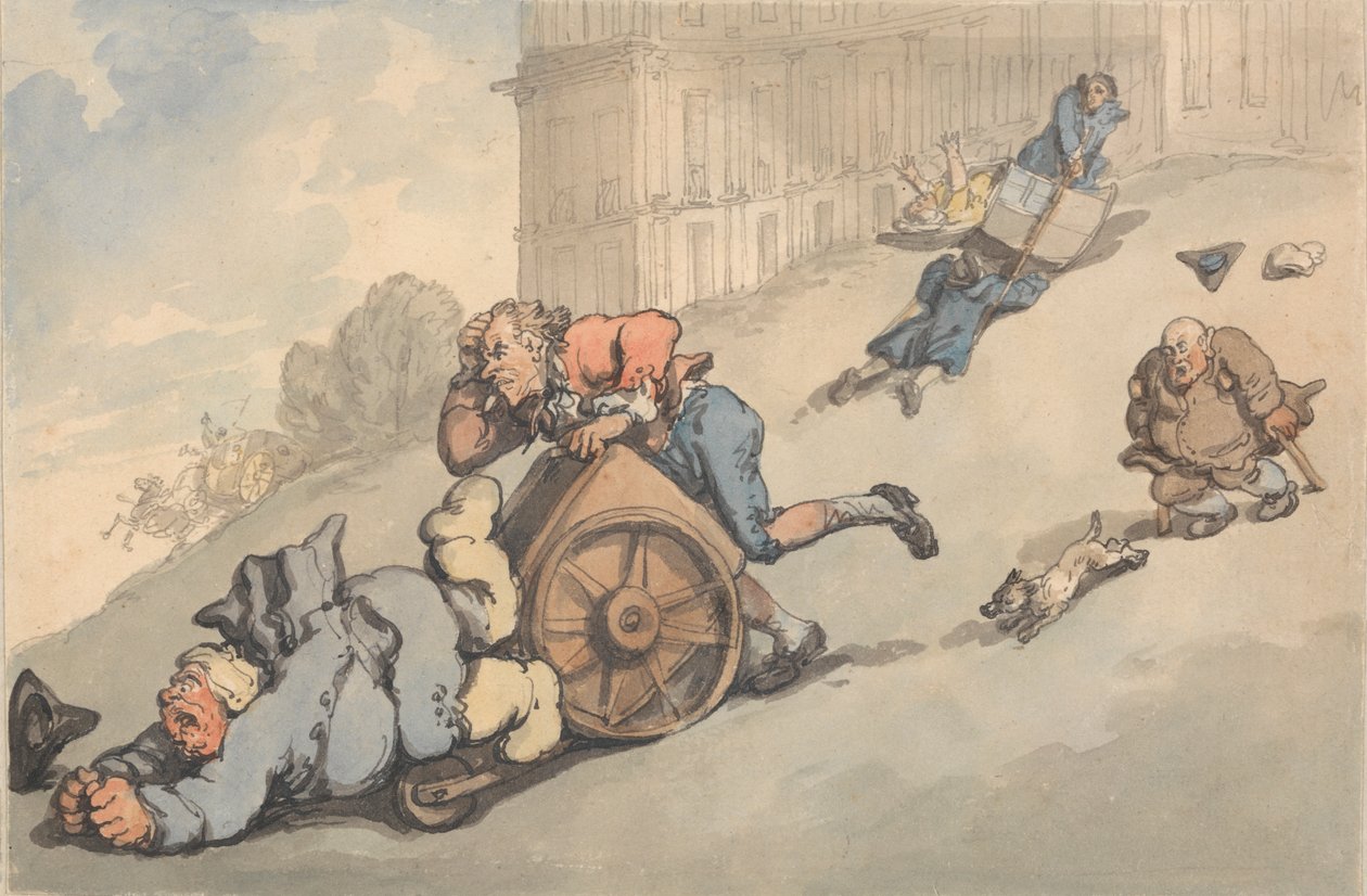 A fürdő kényelme: A köszvényesek meredek dombra esnek alkotó: Thomas Rowlandson