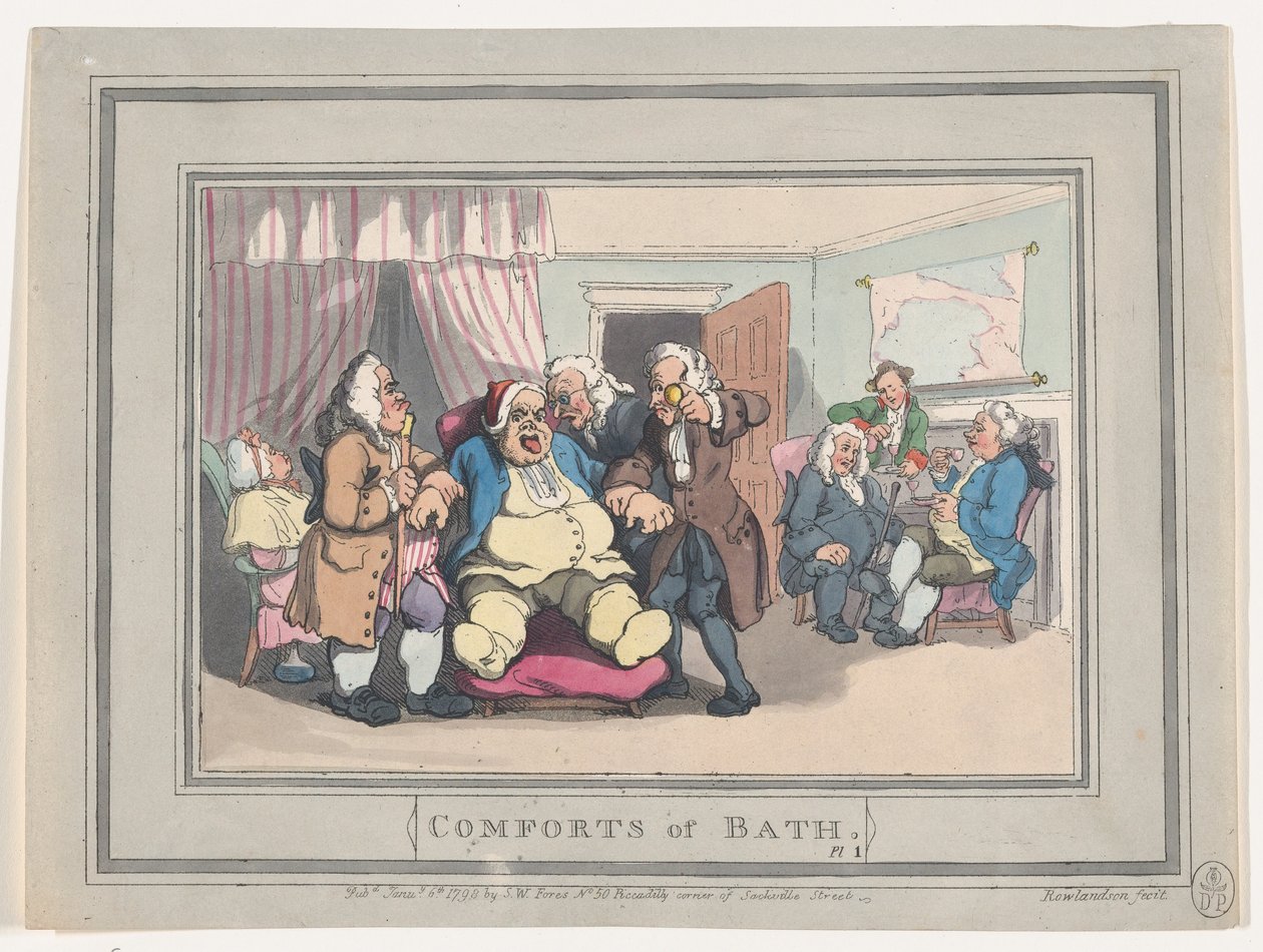 Fürdő kényelmei, 1. tábla, 1798. január 6., 1798. január 6. alkotó: Thomas Rowlandson