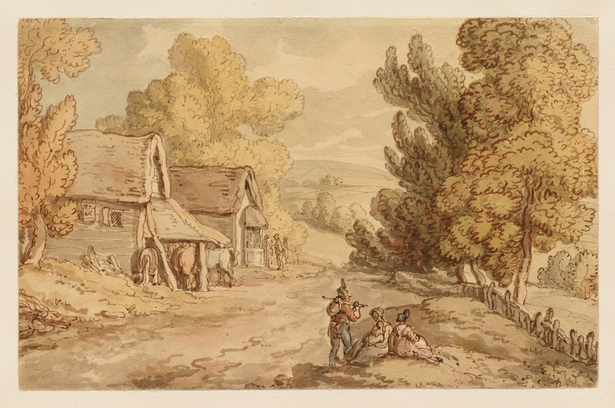 Vidéki ház és pajta, pihenő alakokkal egy vidéki út szélén alkotó: Thomas Rowlandson