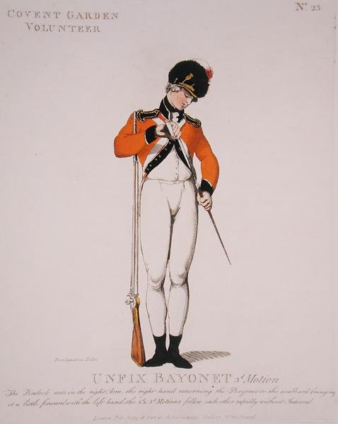 Covent Garden Volunteer, 23. lemez a „London és környéke Loyal Volunteers”-től, 1798-ban (színes litó) alkotó: Thomas Rowlandson
