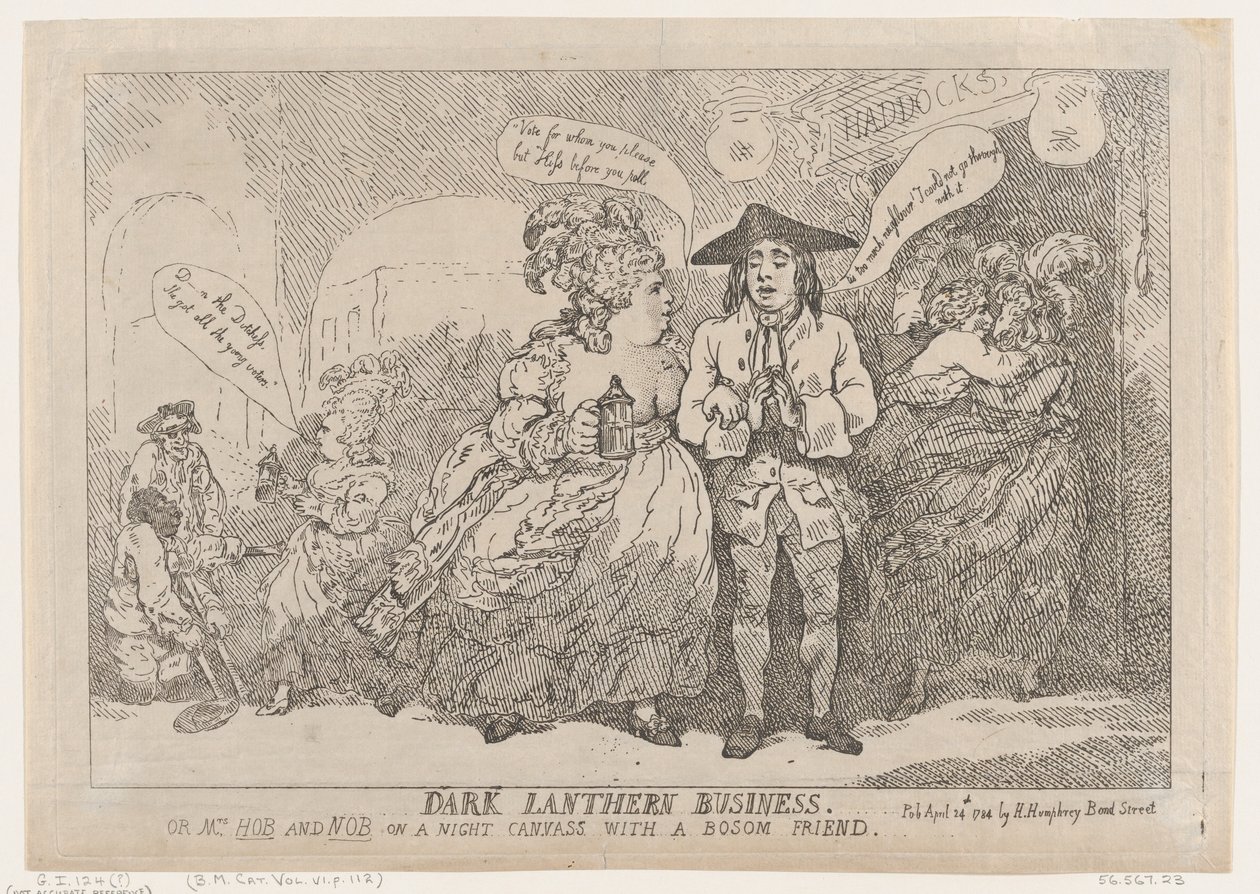 Dark Lantern Business, vagy Mrs. Hob és Nob éjszakai vásznon keblével pénteken, 1784. április 24. alkotó: Thomas Rowlandson