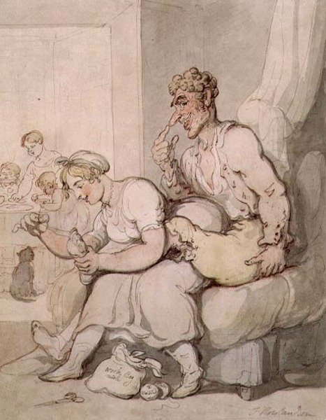 Darning The Sock (toll és tinta, akvarell) alkotó: Thomas Rowlandson