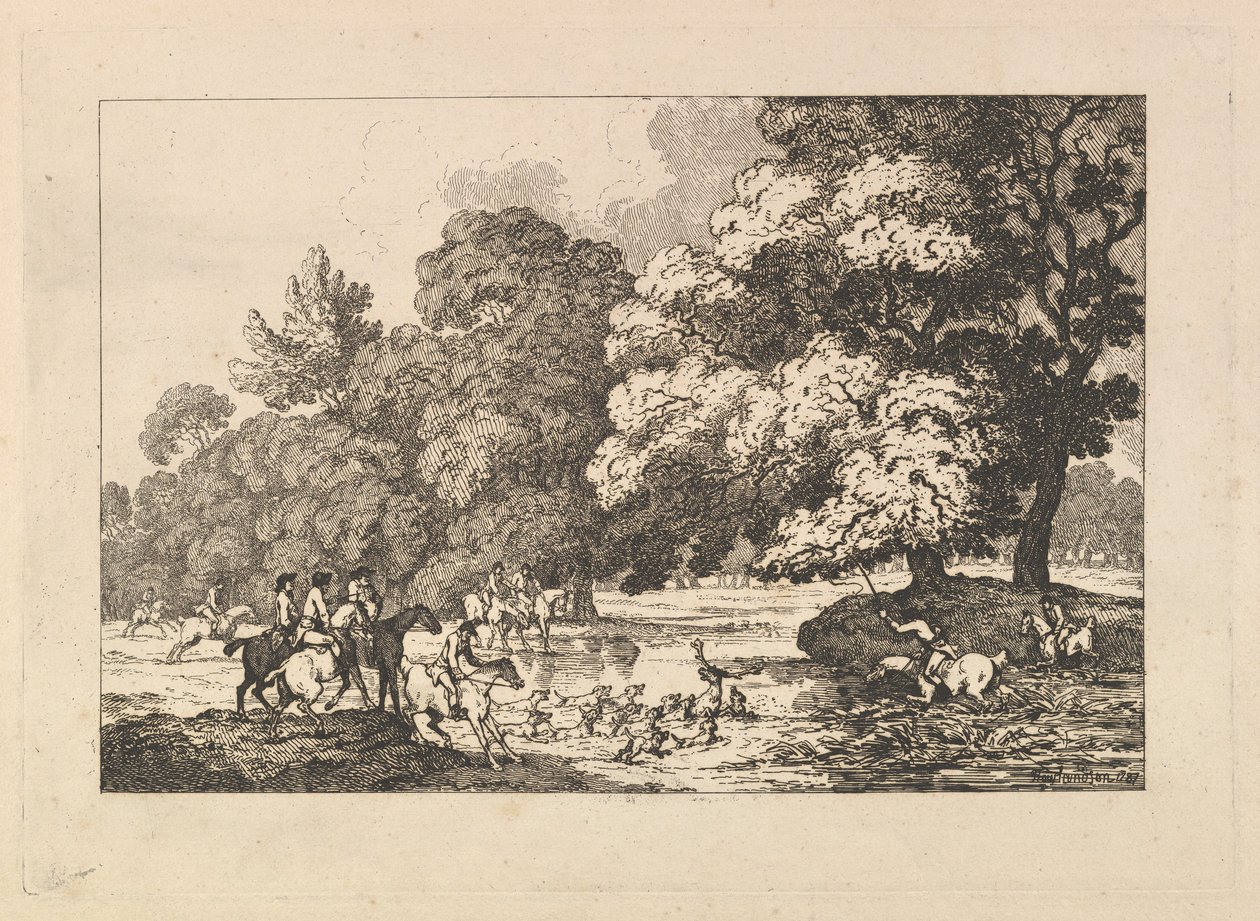 Szarvasvadászat – Tájkép szarvassal és kopókkal a folyóban, 1787. alkotó: Thomas Rowlandson