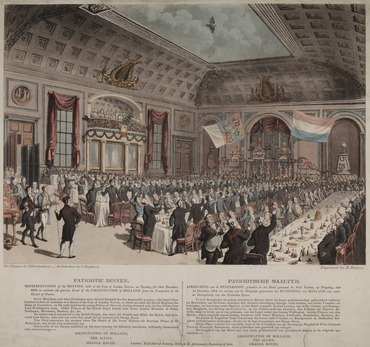 Vacsora Hollandia Franciaországtól való felszabadulása alkalmából, City of London Tavern, Bishopsgate, 1814 (akvatinta) alkotó: Thomas Rowlandson