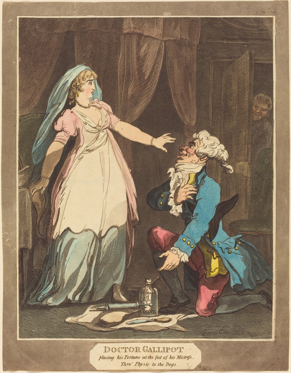 Gallipot doktor úrnője lába elé helyezi vagyonát, 1808. alkotó: Thomas Rowlandson