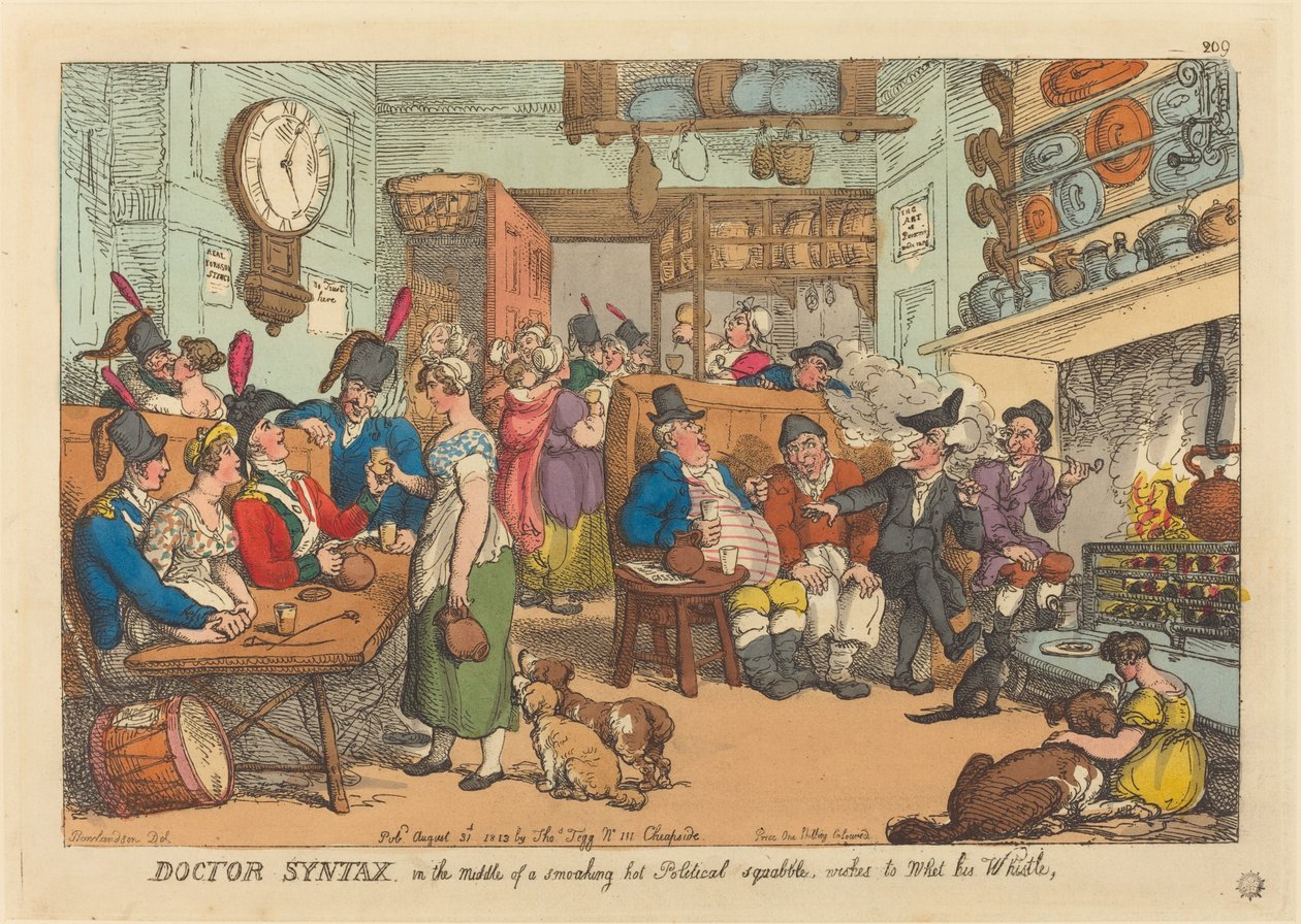 Doctor Syntax egy füstölgő politikai civakodás közepette szeretné nedvesíteni a nyüzsgést alkotó: Thomas Rowlandson
