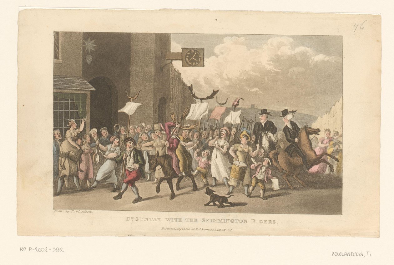 Doctor Syntax a lován lovagol, miközben egy charivari kíséri alkotó: Thomas Rowlandson