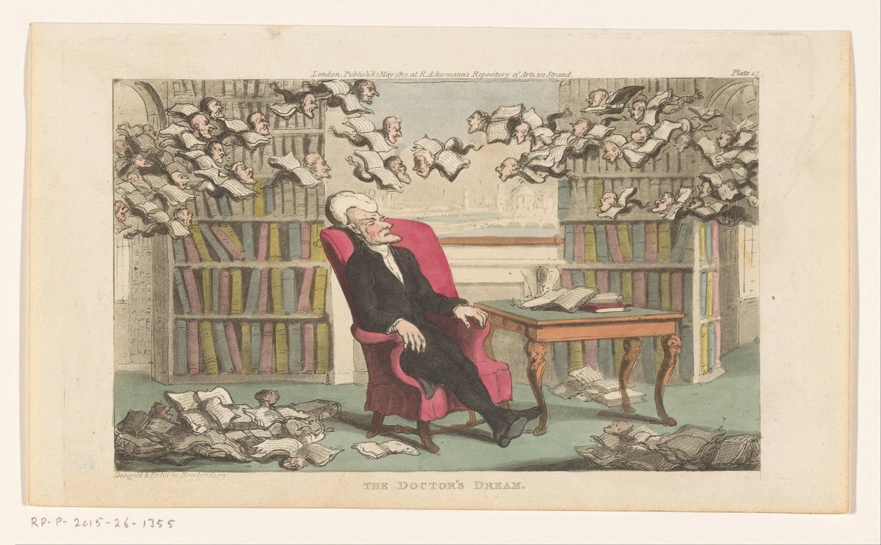 Doktor szintaxis alszik a könyvtárban Az orvos álma (cím a tárgyon) alkotó: Thomas Rowlandson