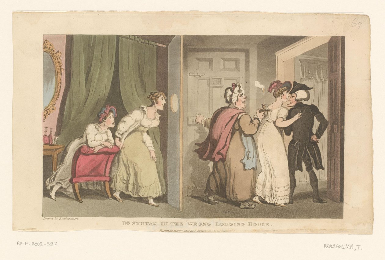 Doctor Syntax-ot két nő vezeti át egy ajtón alkotó: Thomas Rowlandson