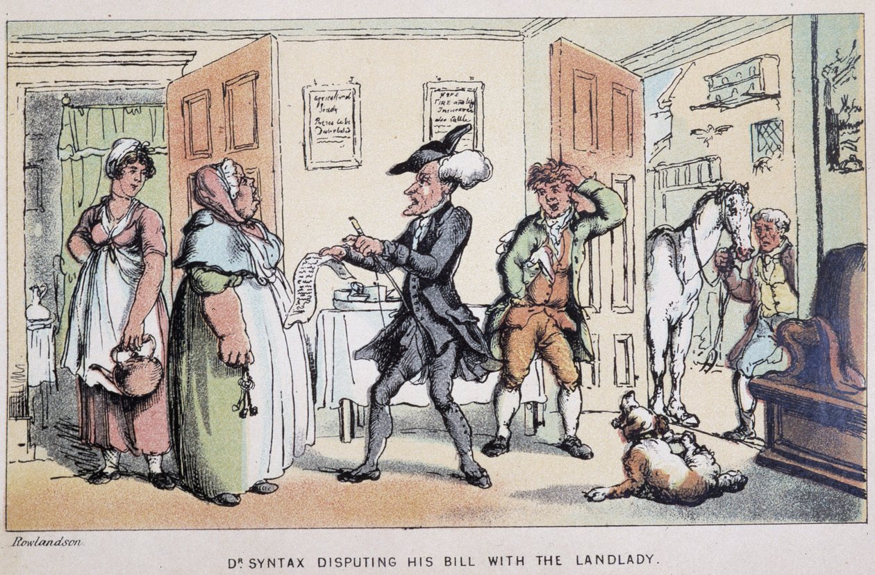 Doktor számlát vitat (szállodában?) - a „Doktor Syntax három körútjában: a festői vigasz és felesége után”” William Combe, ill. Rowlandson alkotó: Thomas Rowlandson