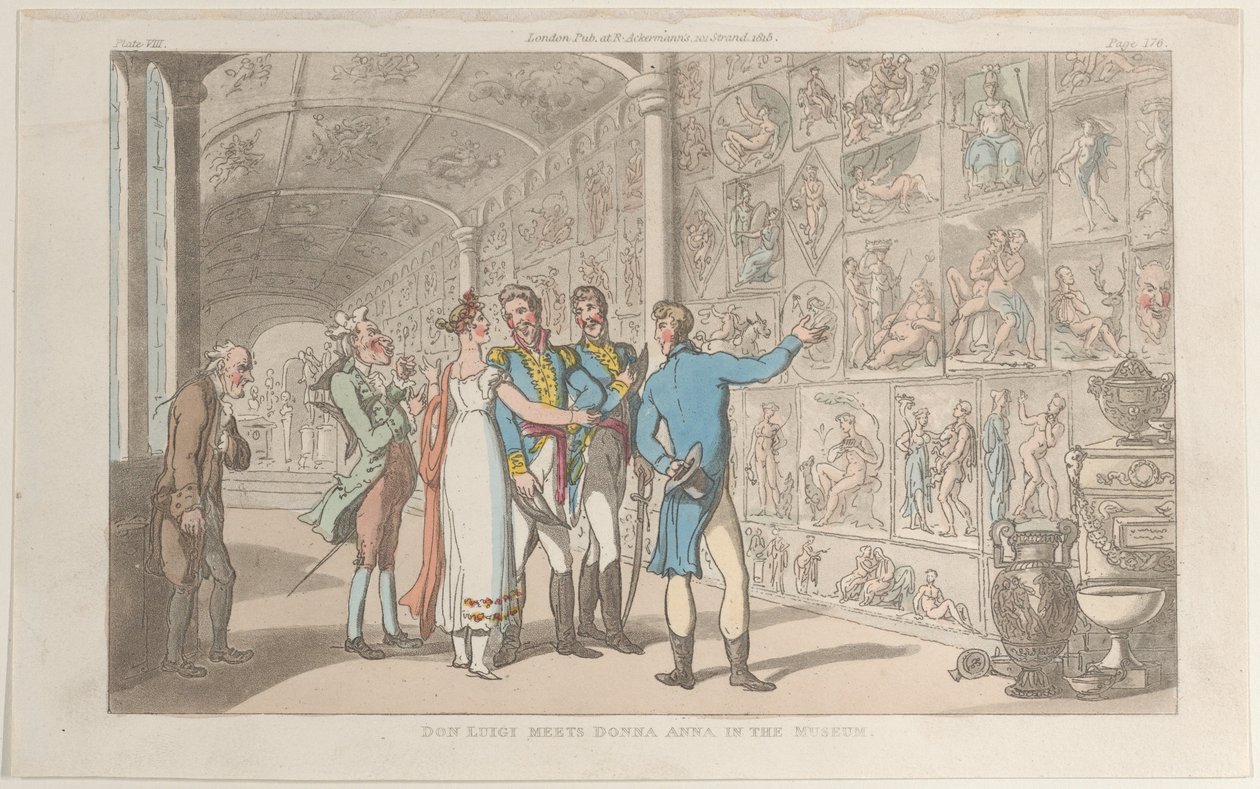 Don Luigi találkozik Donna Annával a múzeumban, Nápolyból és a Campagna Felice-ből: in..., 1815. június 1. alkotó: Thomas Rowlandson