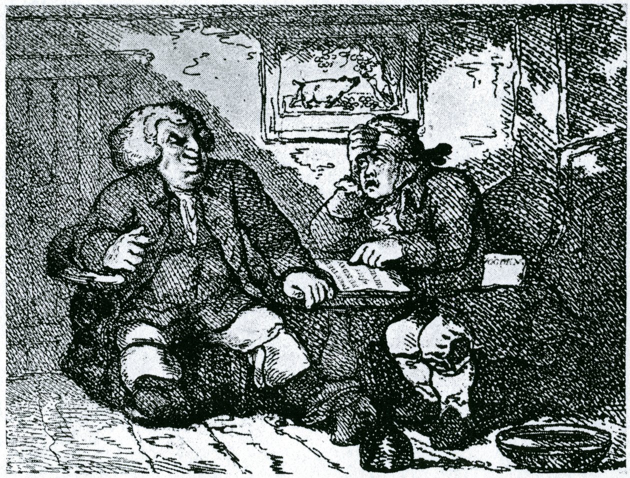 Dr. Johnson és James Boswell másnaposságból lábadoznak a városban töltött éjszaka után alkotó: Thomas Rowlandson