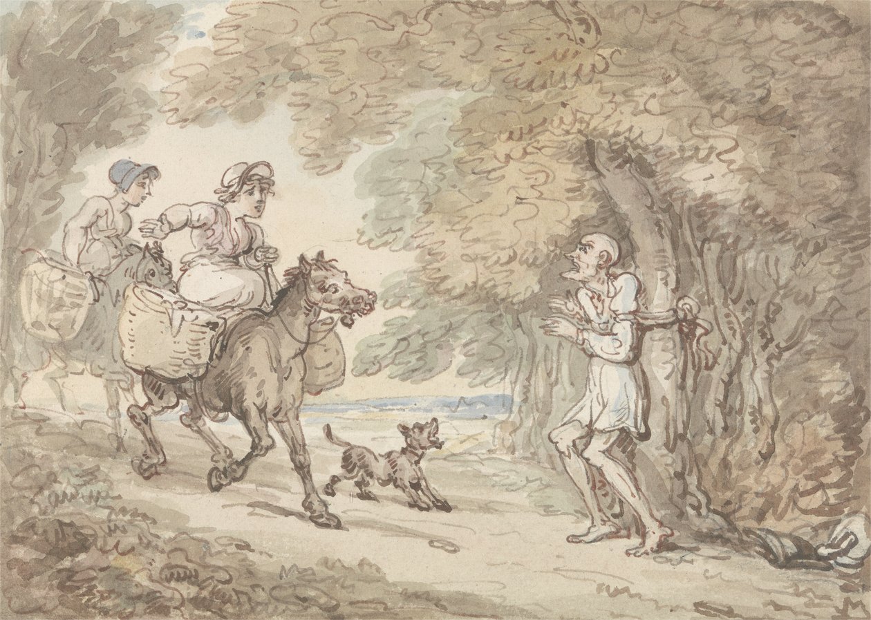 Dr. Szintaxis a Highwaymen által fához fűzve (akvarell tollal és tintával papíron) alkotó: Thomas Rowlandson