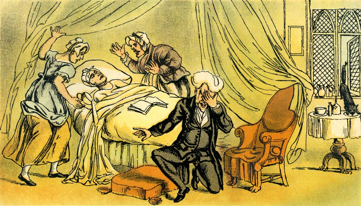 "Dr. Syntax panaszkodik felesége elvesztésén" alkotó: Thomas Rowlandson