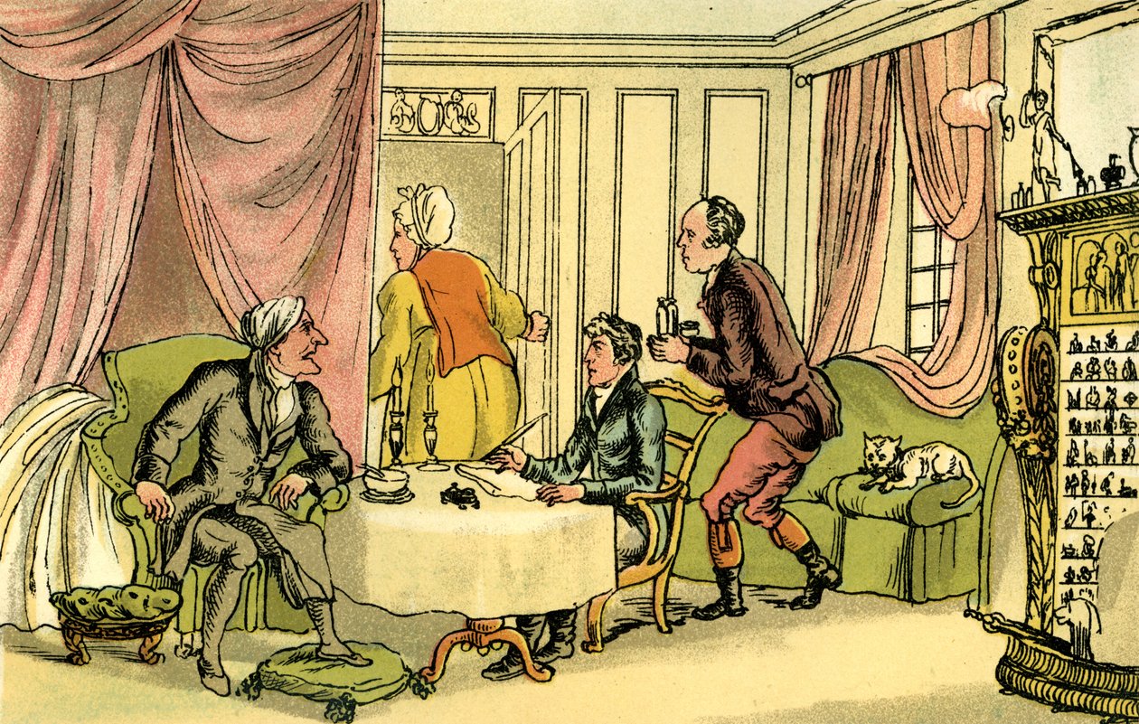 "Dr. Syntax megalkotja végrendeletét" alkotó: Thomas Rowlandson