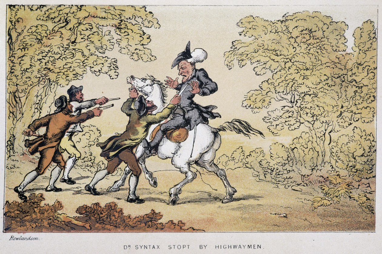 Dr. Syntaxot megállítottak a banditák – a „Doktor Syntax három körútján: a festői vigasztalás és feleség keresésében” William Combe, ill. Rowlandson alkotó: Thomas Rowlandson
