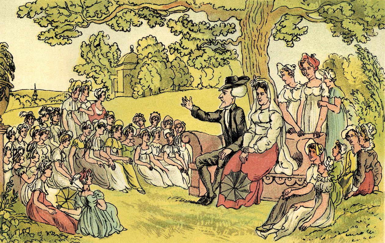 "Dr. Syntax bentlakásos iskolába látogat" alkotó: Thomas Rowlandson