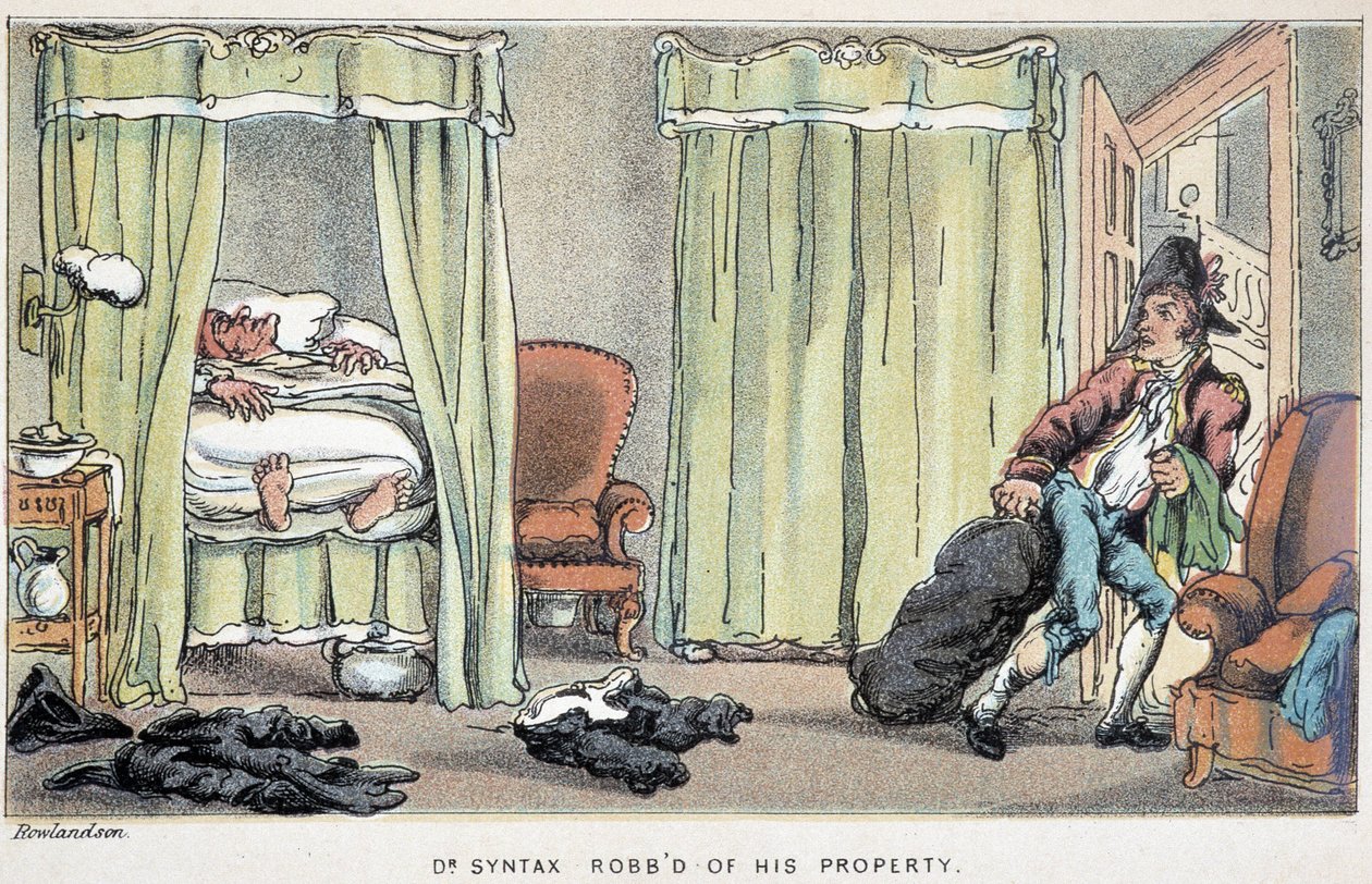 Dr. Syntax betörése alvás közben – a „Doktor Syntax három körútján: a festői vigasz és feleség keresésében” William Combe, ill. Rowlandson alkotó: Thomas Rowlandson