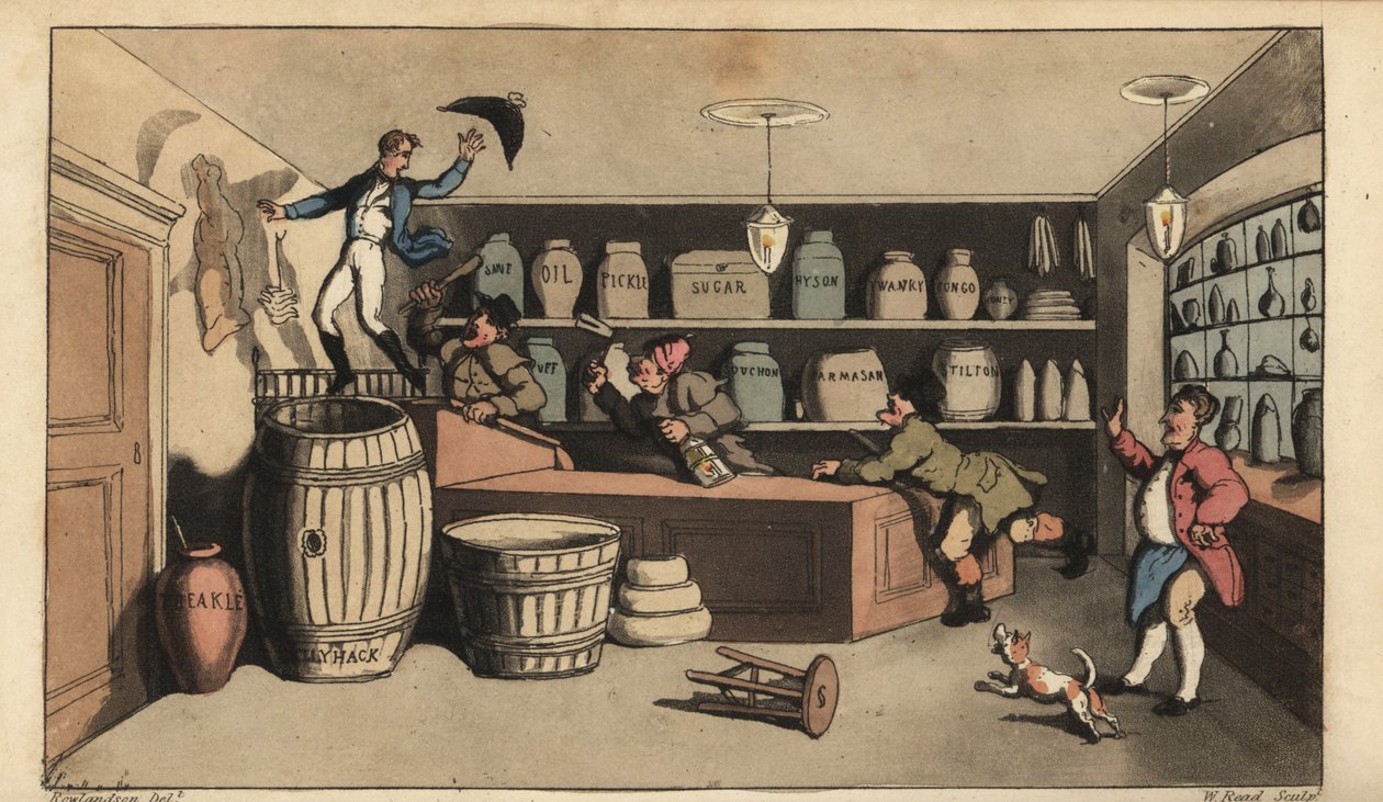 Részeg Johnnyt éjjeliőrök üldözték egy élelmiszerboltban, aki hamarosan beleesett egy vajhordóba. Kézi színű rézmetszet, W. Read Thomas Rowlandson illusztrációja után Alfred Burton: Johnny Newcombe kalandjai a haditengerészetben, Si alkotó: Thomas Rowlandson