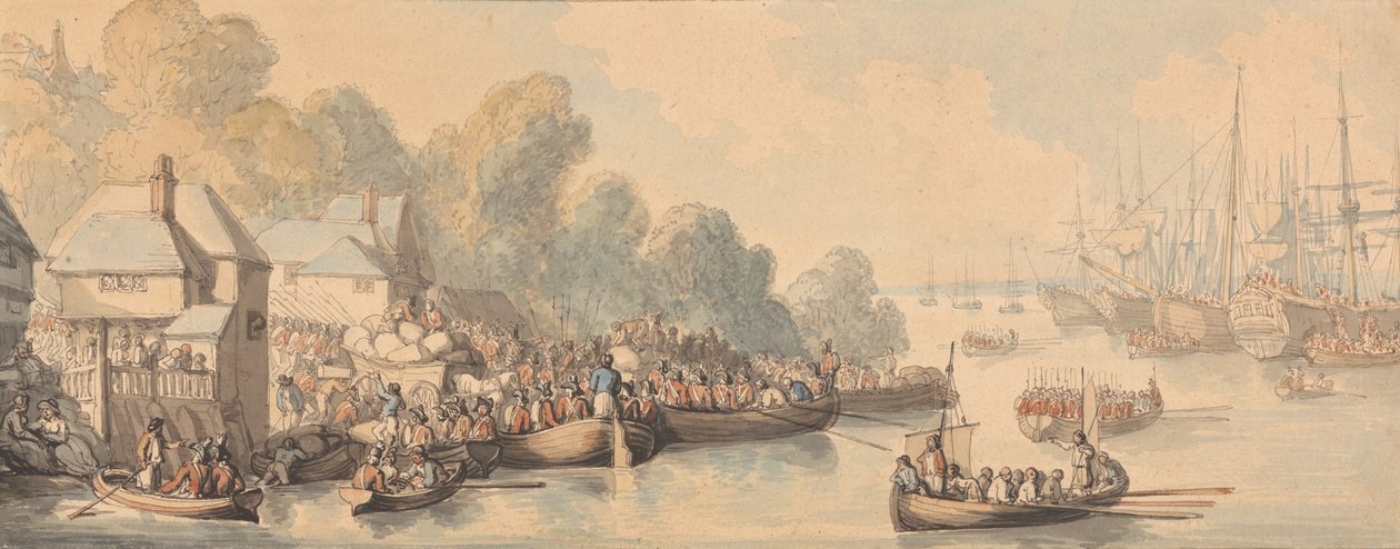 Behajózás Southamptonban, 1794. június 20. (akvarell és toll, valamint barna, szürke és vörösesbarna tinta grafiton, közepes, enyhén textúrájú, krémszőtt papíron) alkotó: Thomas Rowlandson
