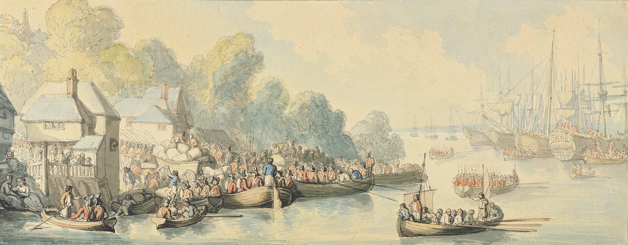 Hajóba lépés Southamptonban június 20-án Lord Howe akciója után - B változat, 1794 körül (wc tollal és tintával grafitra, vattapapírra) alkotó: Thomas Rowlandson