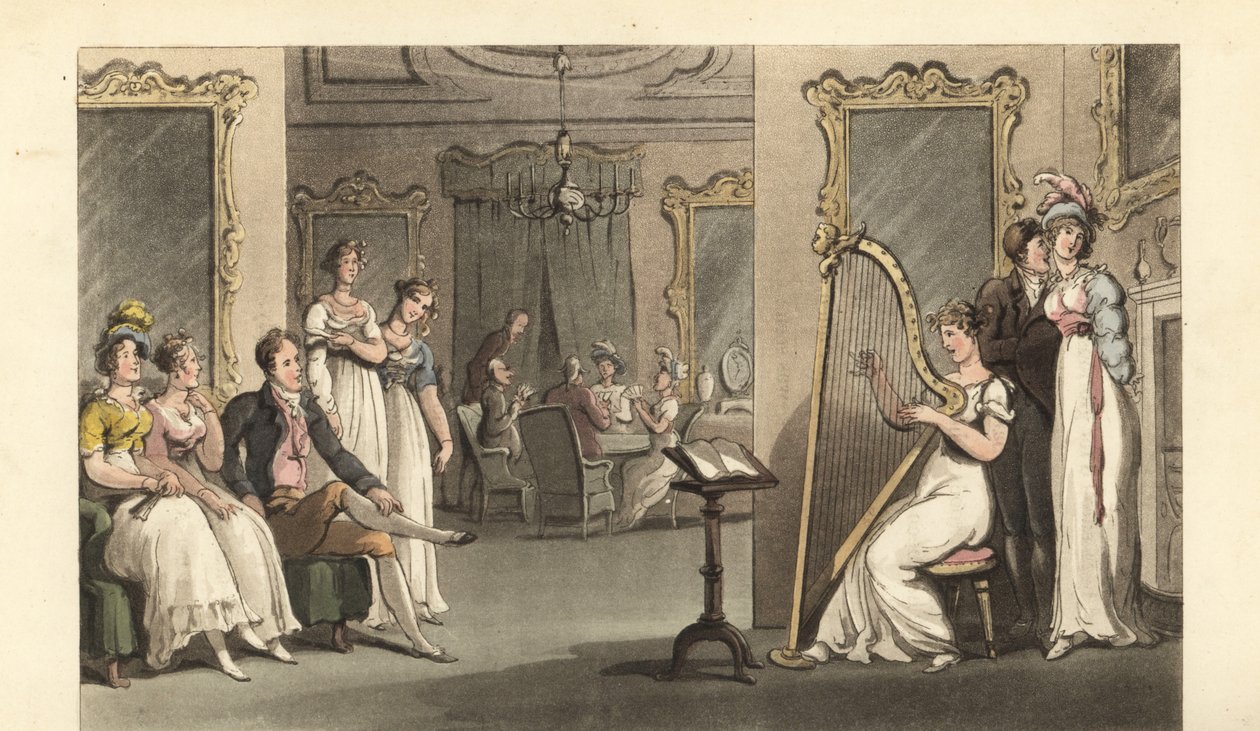 Angol úriember és hölgyek hárfást hallgatnak egy bálon alkotó: Thomas Rowlandson