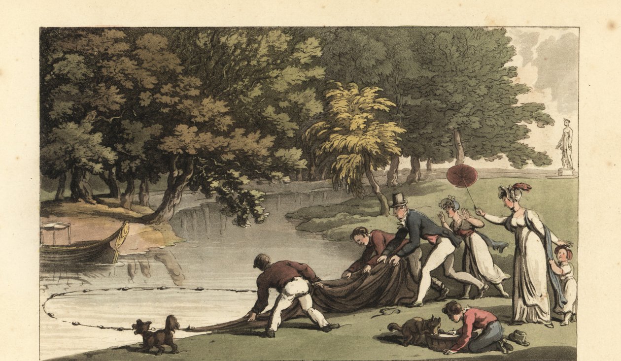 Angol úriember és személyzet horgásznak egy folyóban alkotó: Thomas Rowlandson