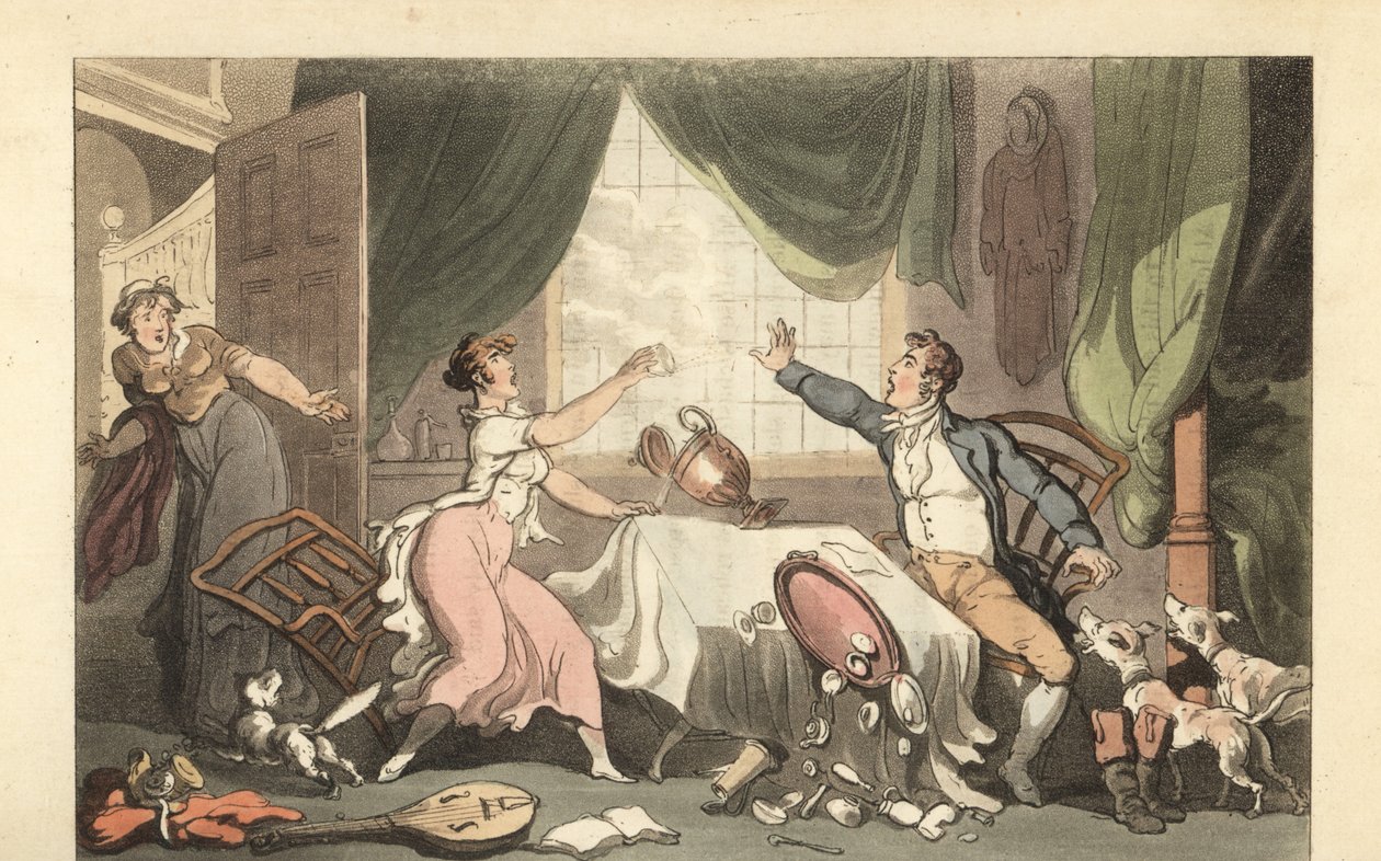 Angol úriember pénzről vitatkozik a feleségével alkotó: Thomas Rowlandson