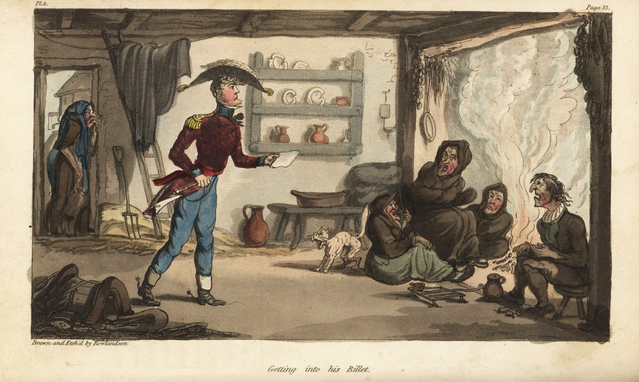 Johnny Newcome zászlós, aki megérkezik a Subalternter jegyéhez Portugáliába, egy koszos koldusok közé. Thomas Rowlandson által rajzolt és maratott, kézzel színezett rézmetszet, David Roberts ezredes The Military Adventures of Johnny Newcome, Martin, Lo cím alkotó: Thomas Rowlandson