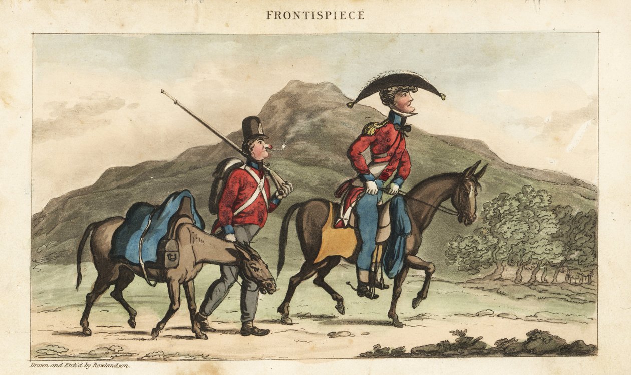Johnny Newcome zászlós lovon ül egy alispán kíséretében teherhordó lóval Portugáliában. Kézzel színezett rézmetszet Thomas Rowlandson által rajzolt és metszett David Roberts ezredes The Military Adventures of Johnny Newcome, Martin, Londonból alkotó: Thomas Rowlandson