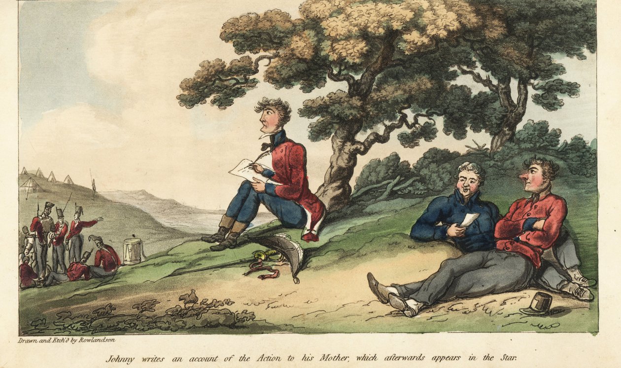 Johnny Newcome zászlós levelet ír édesanyjának, amelyben leírja a salamancai csatát alkotó: Thomas Rowlandson