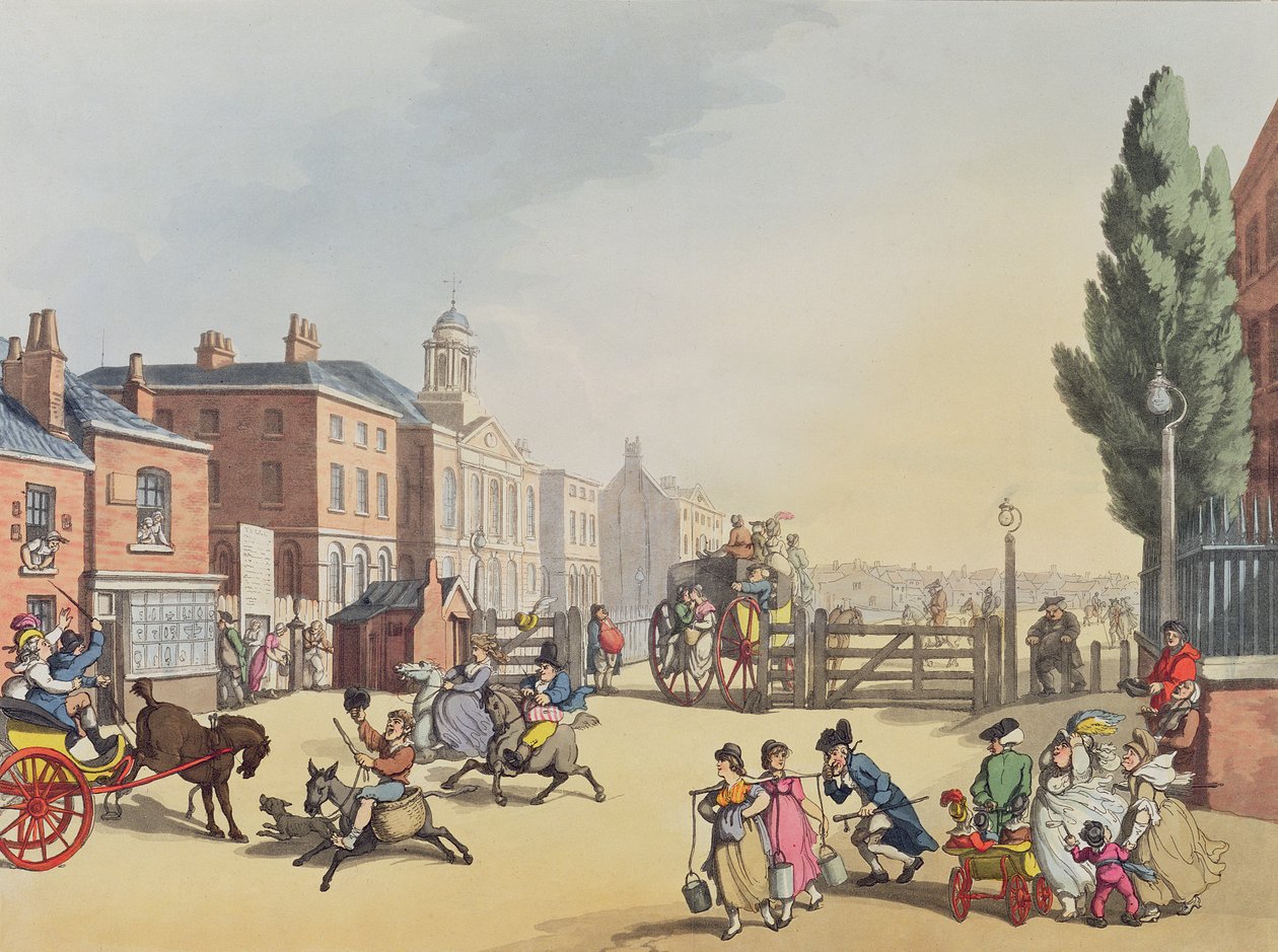 A Tottenham Court Road Turnpike bejárata a Szent Jakab-kápolna látképével, Heinrich Joseph Schutz (1760-1822) metszete, pub. 1809 alkotó: Thomas Rowlandson