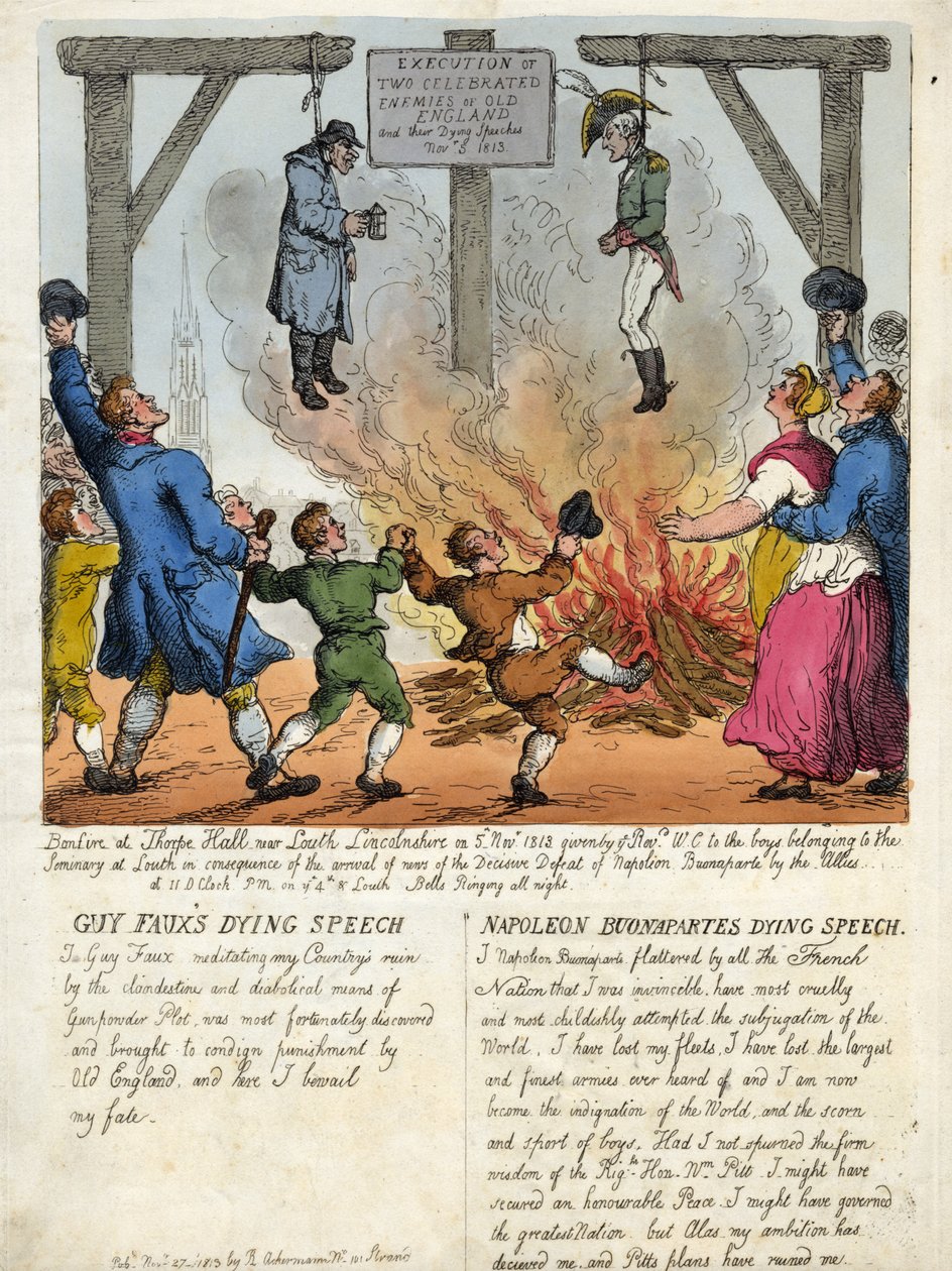A régi Anglia két híres ellenségének, Guy Fawkesnak és Napóleon Buonaparténak kivégzése - Utolsó beszédük a bitófán. 1813. metszet. alkotó: Thomas Rowlandson