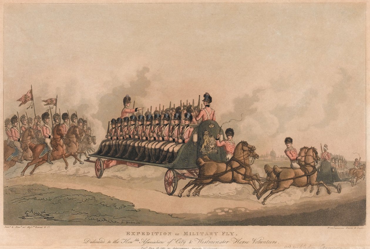 „Katonai légy expedíciója” (akvatinta, színes) alkotó: Thomas Rowlandson