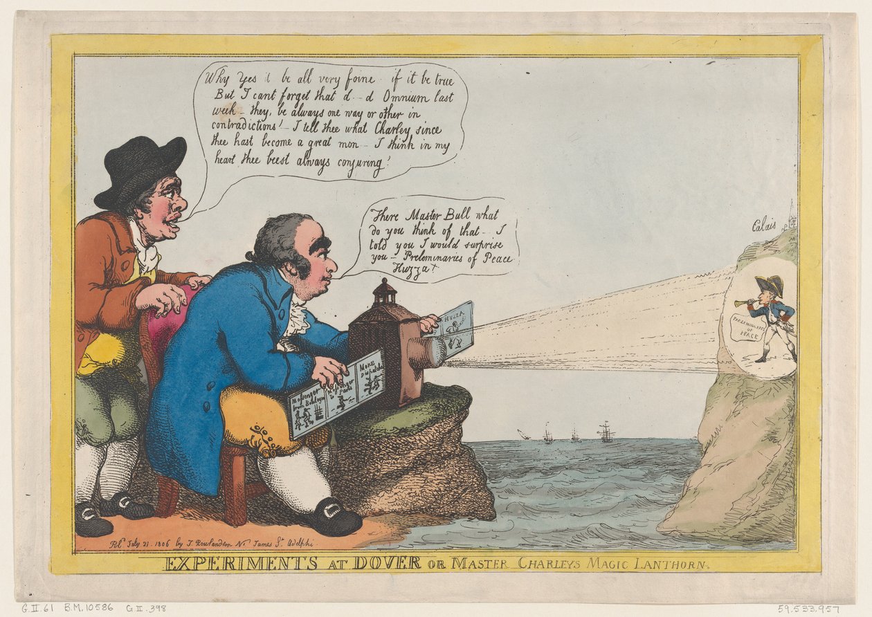 Kísérletek Doverben vagy Charley mester Magic Lanthorn-jában, 1806. július 21., 1806. július 21. alkotó: Thomas Rowlandson