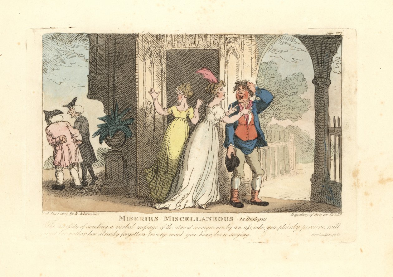 Divatos nő verbális üzenetet küld egy bolondon keresztül alkotó: Thomas Rowlandson