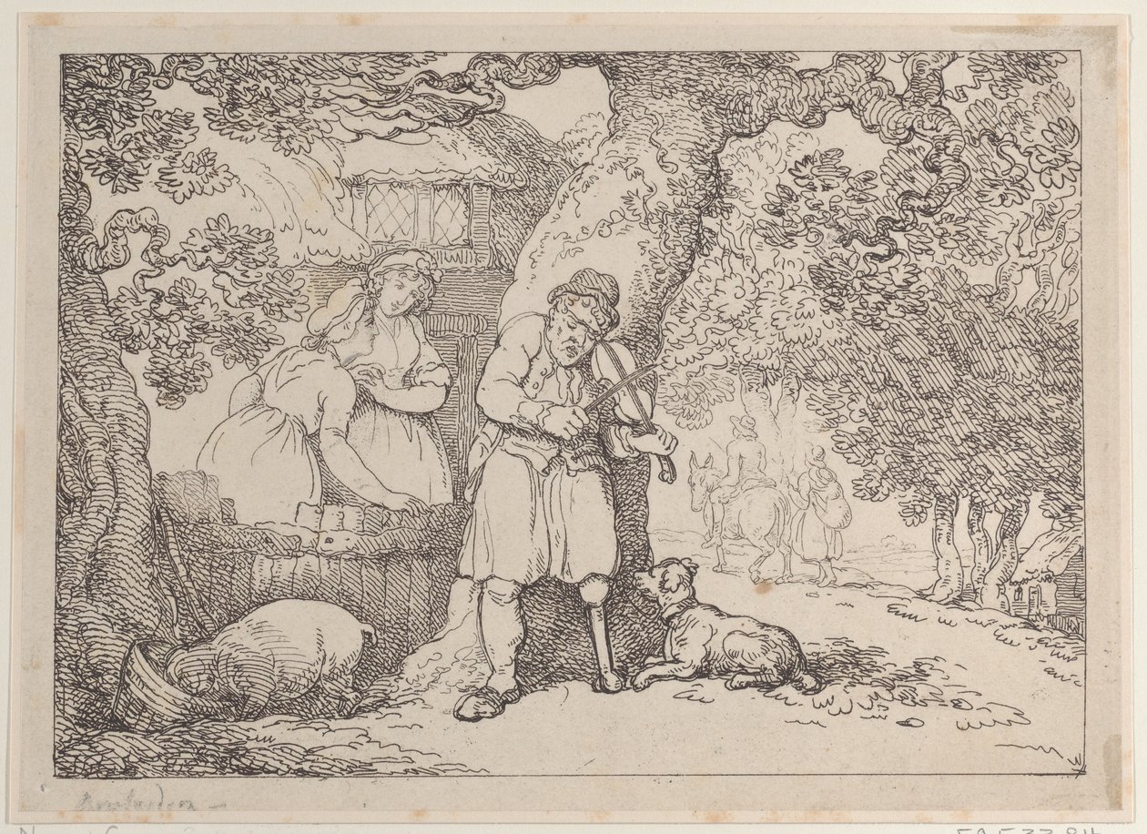 Hegedűs, tengerész, két nő és egy disznó egy kunyhó mellett, 1816., 1816. alkotó: Thomas Rowlandson