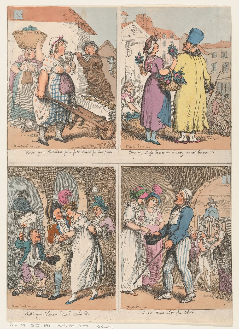 Négy jelenet a Cries of London sorozatból: Itt a krumplid..., Buy my Moss..., 1801. augusztus 1.. alkotó: Thomas Rowlandson