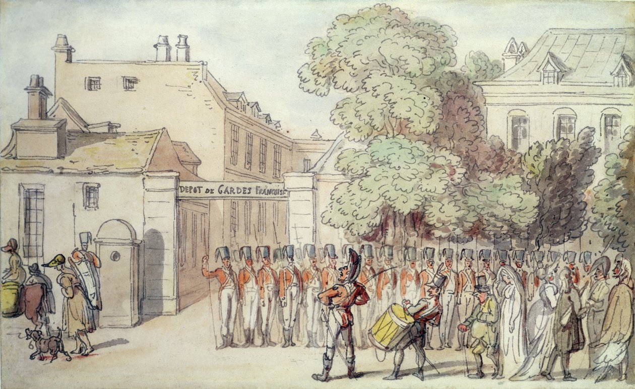 Francia katonák a parádén (toll és akvarell papíron) alkotó: Thomas Rowlandson