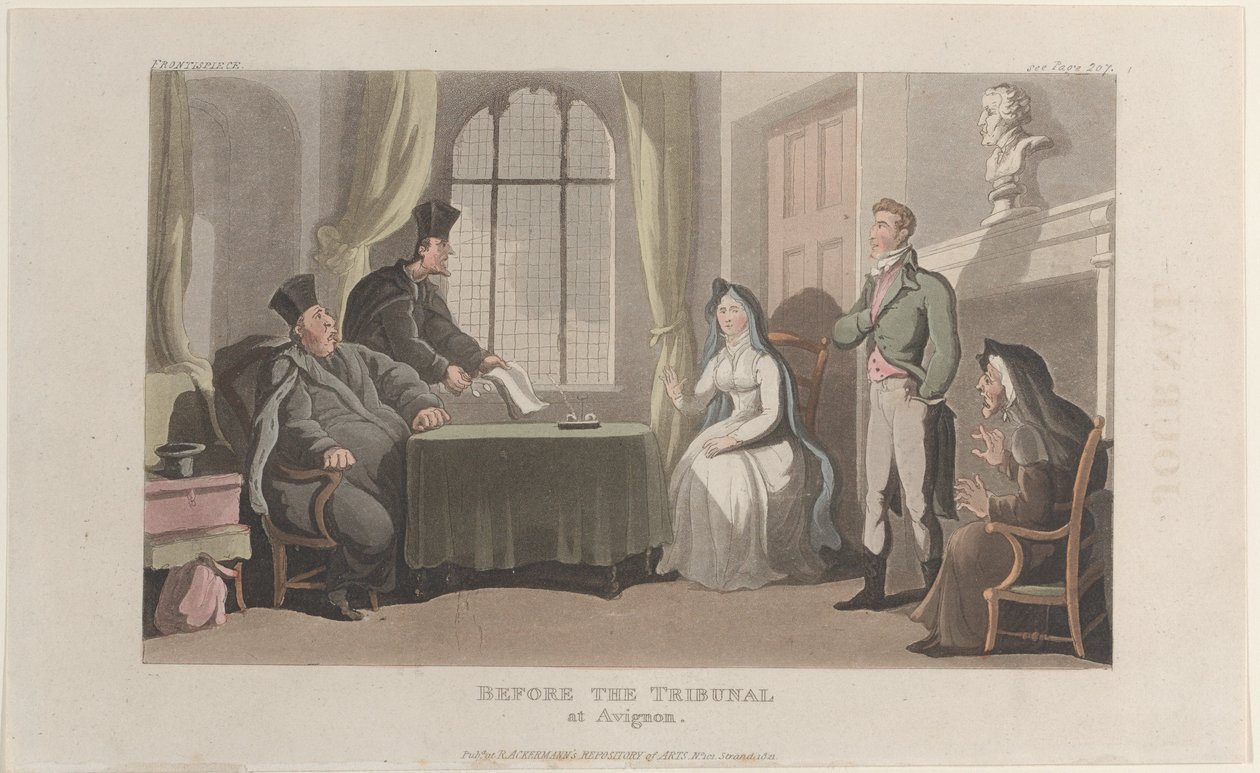 Frontispiece: Az avignoni törvényszék előtt, a Journal of Sentimental Travels in the ..., 1821-ből. alkotó: Thomas Rowlandson