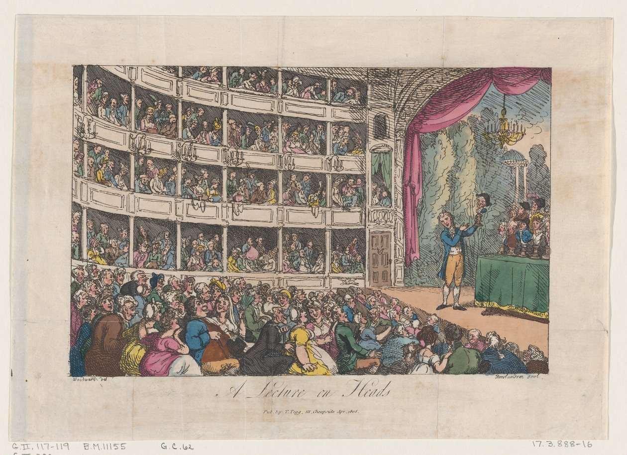 Frontispiece, George Alexander Stevens előadása a fejekről, 1808. április, 1808. április. alkotó: Thomas Rowlandson