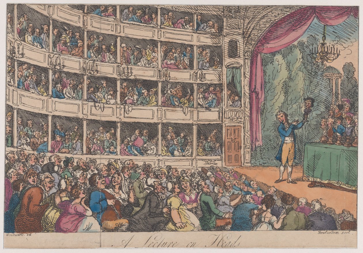 Frontispiece, George Alexander Stevens előadása a fejekről, 1808. április, 1808. április. alkotó: Thomas Rowlandson