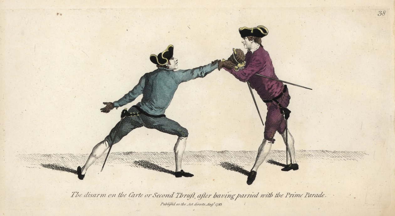 Gentleman vívó lefegyverzi ellenfelét a Carte vagy a Second Thrust-on, miután hárított a Prime Parade-dal. Kézzel festett rézmetszet Thomas Rowlandson illusztrációja nyomán Mr. Domenico Angelo: The School of Fencing, London alkotó: Thomas Rowlandson